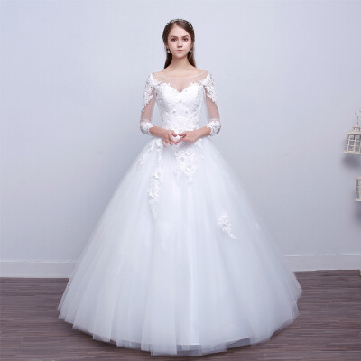 

Ball Gown V-neck Court Train Lace Tulle Wedding Dress with Appliques Crystal Detailing by