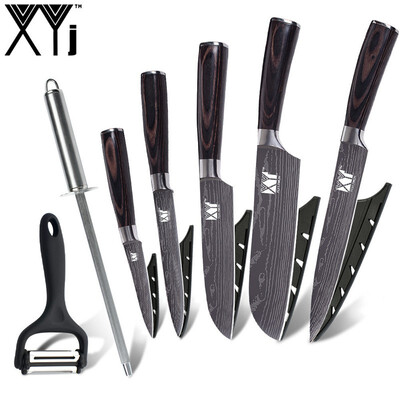 

XYj Damascus Veins Kitchen Knives Cutlery Stainless Steel Knife Set Tools Gift CoversPeelerKnife Sharpener Bar