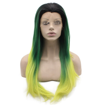 

Long Straight Dark Roots Ombre Green Yellow Swiss Lace Wig Halloween