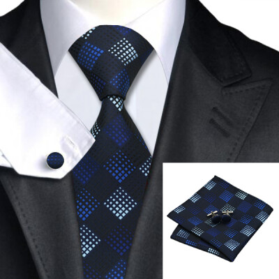 

N-0354 Vogue Men Silk Tie Set Blue Plaid Necktie Handkerchief Cufflinks Set Ties For Men Formal Wedding Business wholesale