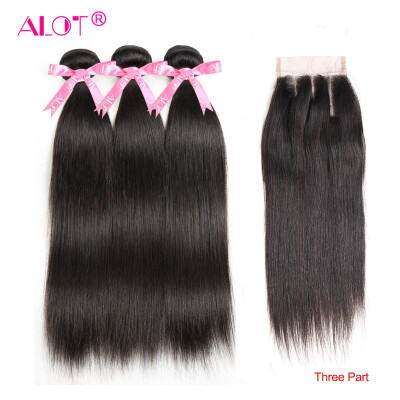 

Alot Hair Peruvian Straight Human Hair Bundles With Lace Closure Middle/Free/ Three Part Natural Black 3 Bundles Hair & Closure