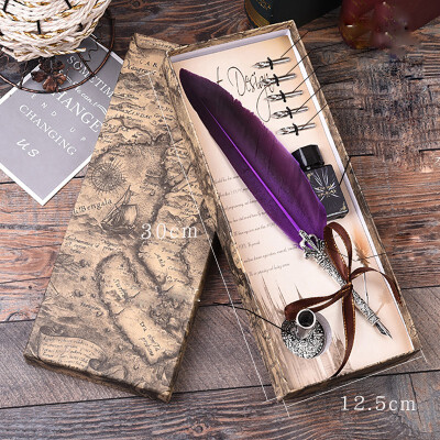 

Feathers Fountain Pens High Quality Blue Metal Calligraphy Dip Pen Set Gift Box Writing with ink Bottle Wedding Gift Quill Pen