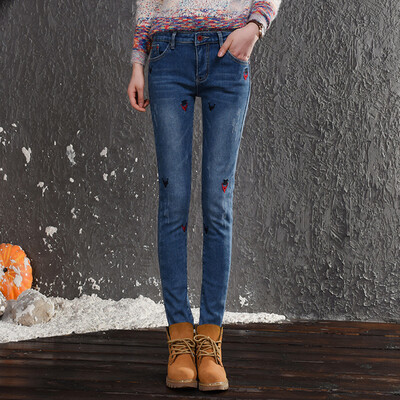 

City Plus CITYPLUS 2017 Winter new art women in the waist Slim stretch gold velvet pants wild embroidery plus cashmere thickening jeans CWKN17T163 light blue 30