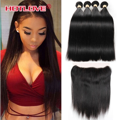 

Brazilian Virgin Hair Straight 4 Bundles with Lace Frontal Ear to Ear Natural Hairline 13*4 Frontal with Human Hair Weaves 5pcs