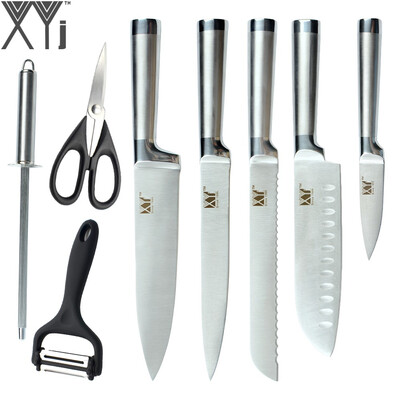 

XYj Seamless Welding Kitchen Knives Sharp Stainless Steel Knives Black Peeler Sharpening Rod Scissor Cooking Tools