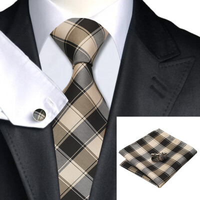 

N-0229 Vogue Men Silk Tie Set Browns Plaid Necktie Handkerchief Cufflinks Set Ties For Men Formal Wedding Business wholesale