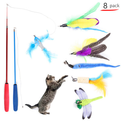 

Cat Feather Toy Interactive Feather Teaser Toy Retractable Cat Toys Wand 8 PCS