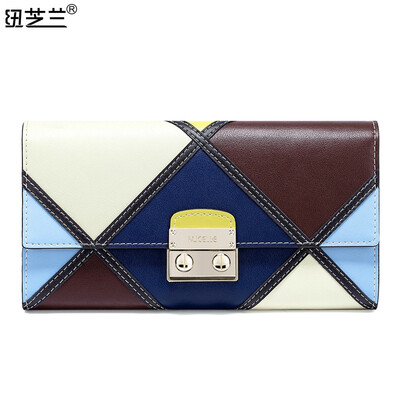 

New York Lan NUCELLE cowhide ladies wallet long Europe and the United States retro hit color art hand holding wallet card package fight color coffee 184