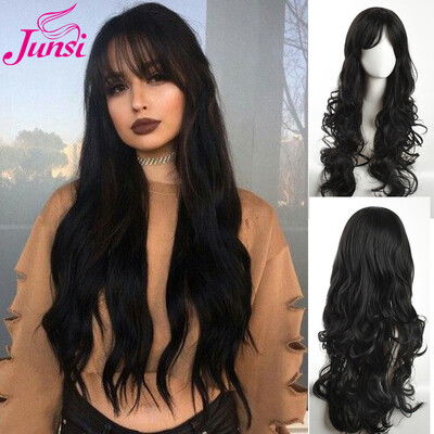 

28" Long Black Womens Wigs with Bangs Heat Resistant Synthetic Kinky Curly Wigs for Black Women African American