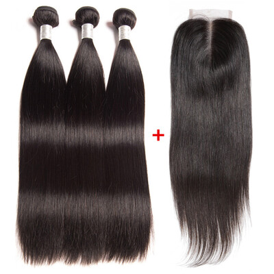 

Queen Hair 3 bundles Brazilian Virgin Hair Straight with Lace Closure Brazilian Straight Hair Bundle With Brazilian Closure