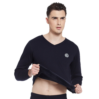 

Seven wolves mens thermal underwear tops one piece autumn&winter invisible V-neck stretch Slim plus velvet thick autumn clothing single piece 99297 Navy XL