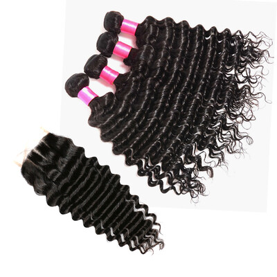 

8A Deep Wave With Closure Virgin Brazilian Deep Wave Silk Base Closure Brazilian Hair Weave Bundles With Closure Three Part Silk