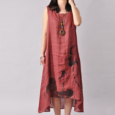 

New fashion summer style cotton linen vintage printed women casual loose long dress Party Gown
