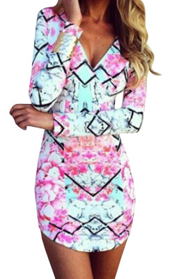 

Lovaru ™Summer dress 2015 new fashion women summer pink and blue print dress deep v-neck long sleeve casual mini dress