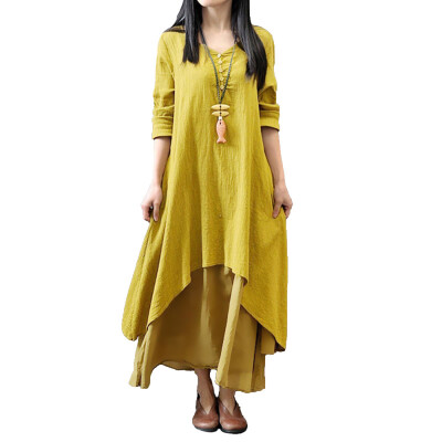 

Autumn Women Casual Loose Dress Solid Long Sleeve Cotton Linen Boho Maxi V-Neck Dress Plus Size