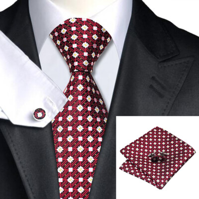 

N-0575 Vogue Men Silk Tie Set Red Plaid Necktie Handkerchief Cufflinks Set Ties For Men Formal Wedding Business wholesale