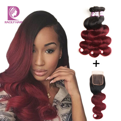 

8A Burgundy Brazilian Virgin Hair Body Wave 3 Pcs with Closure Ombre Brazilian Hair Weave Bundles Red Ombre Brazilian Hair