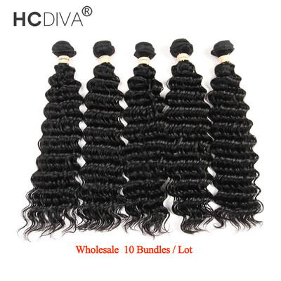 

HCDIVA Virgin Human Hair Deep Wave 10 Bundles Lot Natural Black Unprocessed Peruvian Virgin Deep Curl Weaving