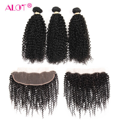 

Alot Brazilian Virgin Kinky Curly Hair 13x4 Ear To Ear Lace Frontal Closure with 3 Bundle Human Hair Weave Can Be Dyed 4PcsLot