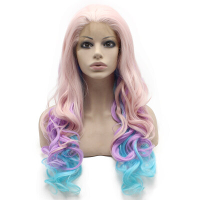 

Iwona Synthetic Hair Lace Front Long Wavy Pink Blue Purple Three Tone Wig