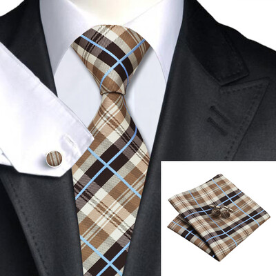 

N-0382 Vogue Men Silk Tie Set Brown Plaids Necktie Handkerchief Cufflinks Set Ties For Men Formal Wedding Business wholesale