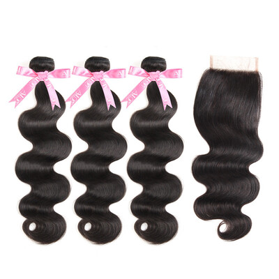 

ALot Hair 3 Bundles Перуанская волна тела с кружевным закрытием Три / средняя / свободная часть 100% человеческие волосы соткают 3 связки с закрытием