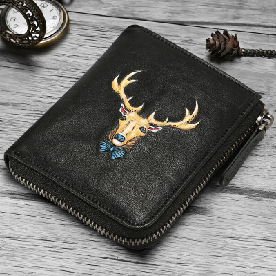 

JIVIVIL original deer head mens wallet first layer cowhide youth vertical card bag zipper coin purse personality multi-card short wallet J668162 retro black