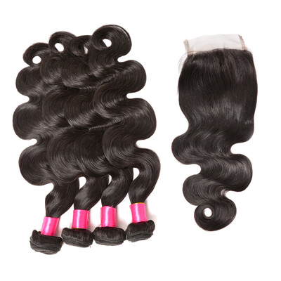 

BHF Hair Peruvian Virgin Human Hair Body Wave Lace Closure Bleached Knots Natural Color With Baby Hair