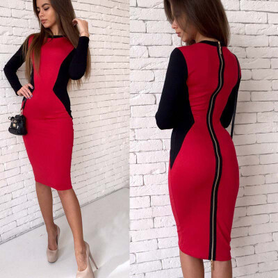 

Lovaru ™ 2017 Women Dress Autumn Red Blue Long Sleeve Zippers Casual Women Sheath Knee-Length Dresses