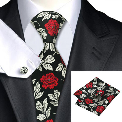 

N-0348 Vogue Men Silk Tie Set Red Floral Necktie Handkerchief Cufflinks Set Ties For Men Formal Wedding Business wholesa