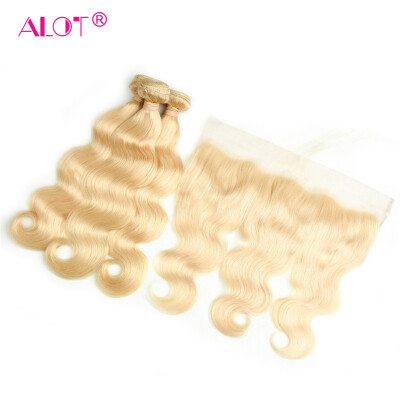 

Alot Blonde Hair 3 Bundle Body Wave Hair with Lace Frontal Closure 134 Peruvian Virgin Human Hair with Frontal Closure Color 613