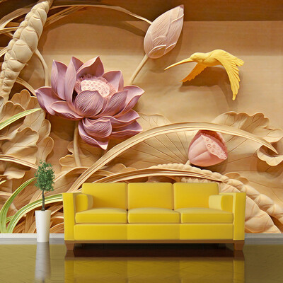 

Пользовательские 3D-печать Имитация Резьба по дереву Lotus Mural Китайский стиль 3D Большие мультфильмы Гостиная Телевизор Фон Обои на стенах