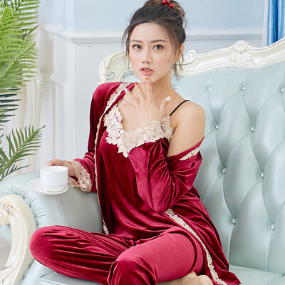 

Aria aliya pajamas women spring&autumn long-sleeved gold velvet Korean sexy sling can be worn outside home service three-piece suit ALY20042-1 navy blue XL