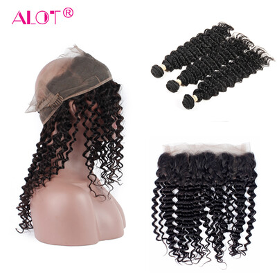 

Alot Unprocessed Virgin Indian Deep Curly Hair 3 Bundles With 360 Frontal Cheap Deep Wave Human Hair 100g Bundles Virgin Hair