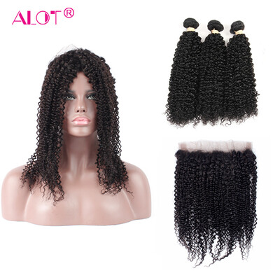 

Alot Hair 360 lace frontal with 3 bundle Peruvian virgin hair Kinky Curly human hair with free part 360 frontal deep curly