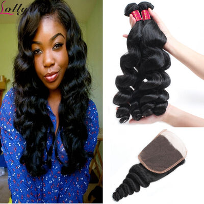

Мода бразильских волос Virgin Loose с закрытием Virgin Brazilian Loose Curly Hair Bundles Weave 3pc предложения с кружевным закрытием