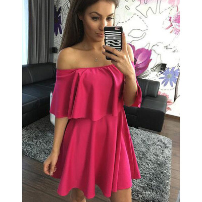 

Lovaru ™ 2017 Women Dress Casual Fashion Loose Ruffles Slash Neck Solid Pink Yellow Beach Wear Sexy Mini Women Dress