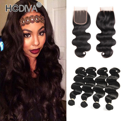 

HCDIVA Mongolian Virgin Hair Body Wave 4 Bundle with Lace Closure with Baby Hair For Black Women Human Bundle Hair with Closure