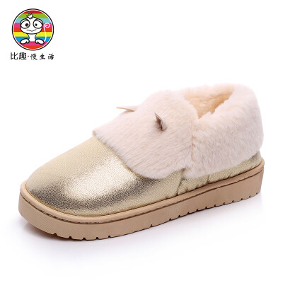 

More fun justfunny shoes flat shoes feet snow boots women imitation rabbit fur PU plush boots sweet cotton slippers gold 40-41