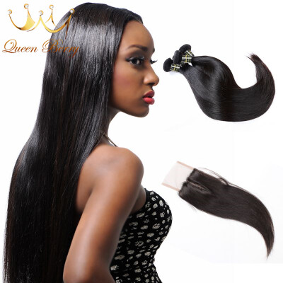 

7a Brazilian Straight With Lace Closure Queen Berry Natural Black Color Human Hair 3 Bundles Virgin Hair with Closure