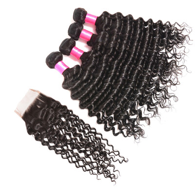 

4 Bundles Malaysian Deep Wave With Closure Malaysian Silk Base Closure Deep Wave Malaysian Deep Curly Closure With Dhl Shipping