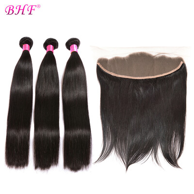 

BHF Hair Virgin Human Hair Malaysian Straight Hair Bundles With Lace Frontal 3 Pieces With Closure 134 Ear To Ear Lace