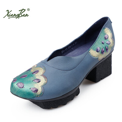 

Xiangban Original Design Women Pumps High Heeled Shoes Blue Painted Embroidery Sequin Sheepskin shoes platform K33K15