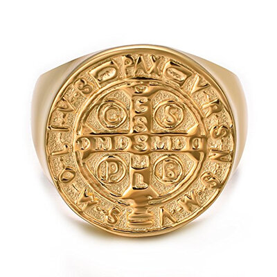 

Yoursfs Saint Benedict Cross Ring For Men Stainless Steel Exorcism Ring Catholic Cross Medal Gold Plated