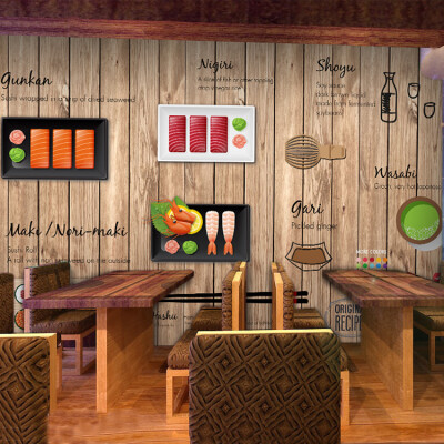 

Custom photo wallpaper 3D cartoon hand-painted Japanese Restaurant mural wallpaper Noodle sushi shop wood wallpaper