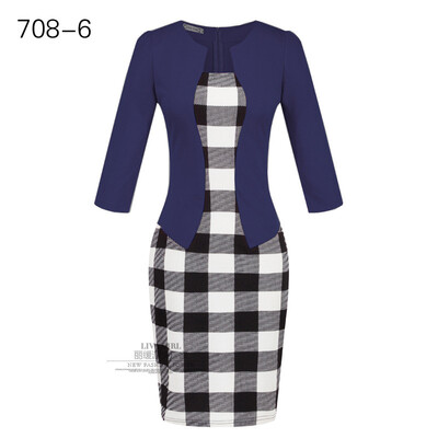 

Women Work Dress Longsleeve Spring new European station grid Pencil Skirt fake two Professional dress L13