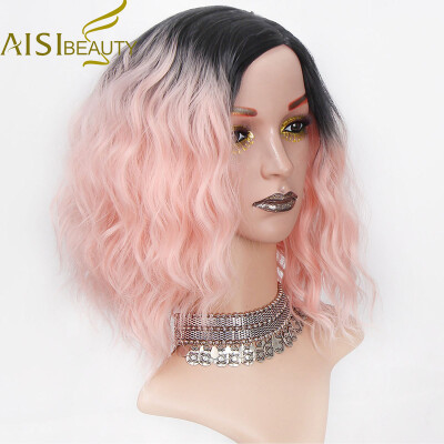 

AISI BEAUTY Short Hair Synthetic Water Wave Ombre Red Blue Pink Orange Wigs for Women Heat Resistant High temperature fiber