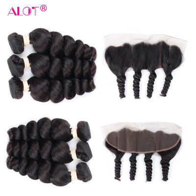 

Alot Hair Indian 3 Bundles Loose Wave with Frontal Loose Wave with 13x4 Closure 7A Virgin Human Hair Weave with Closure