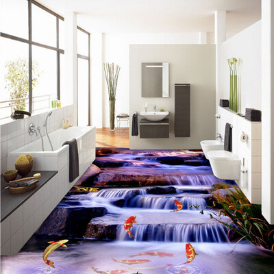 

Free Shipping Carp jumps waterfalls flooring painting bedroom courtyard decorative self-adhesive floor mural 250cmx200cm