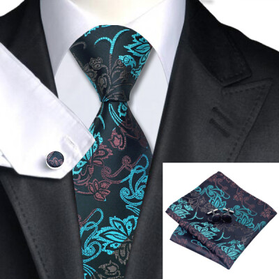 

N-0627 Vogue Men Silk Tie Set Black Paisley Necktie Handkerchief Cufflinks Set Ties For Men Formal Wedding Business wholesale